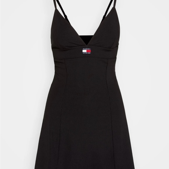 Tommy Jeans Badge Mini Black Dress V-Neck Polyester Spaghetti Straps Medium - Picture 15 of 16